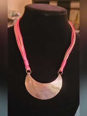 Iridescent Seashell Crescent Pendant Necklace with Pink Cord